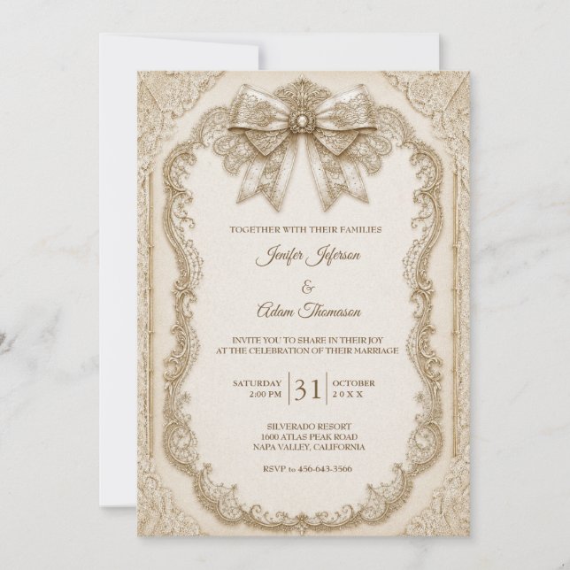 Convite de Casamento em Renda Vintage Elegante (Frente)