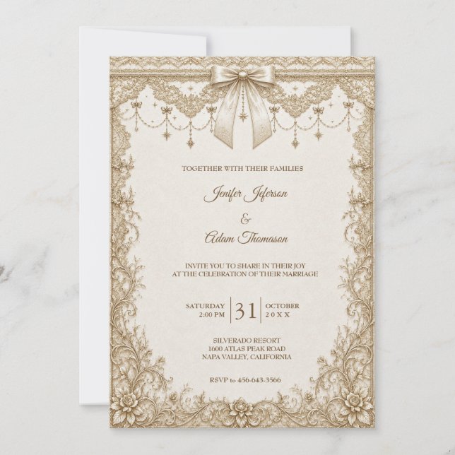 Convite de Casamento em Renda Vintage Elegante (Frente)