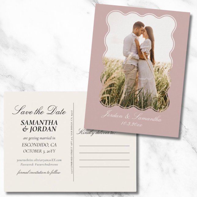 Convite de casamento em rosa poeirado elegante par (Elegant Dusty Pink Wedding Save the Date Postcard)