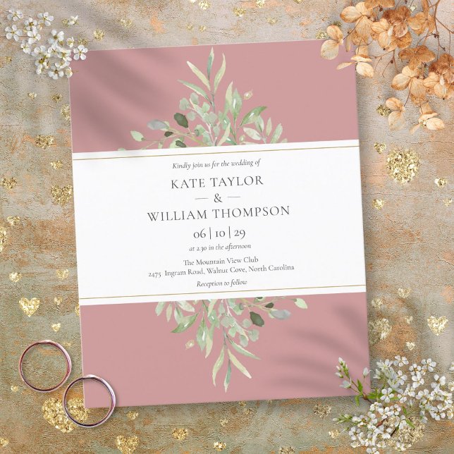 Convite de Casamento em Rosa Poeirento com Verdeja (Budget Dusty Rose Greenery Wedding Invitation)