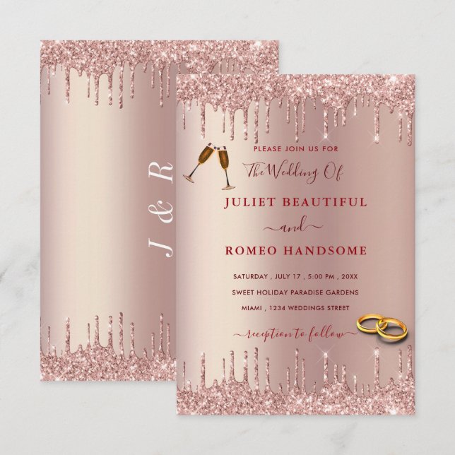 Convite de Casamento em Rose Gold com Gotas de Gli (Frente/Verso)