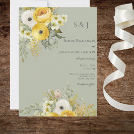 Convite de Casamento em Sage com Floral Dourado e
