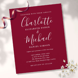 Convite de Casamento em Script Chic Burgundy Econô