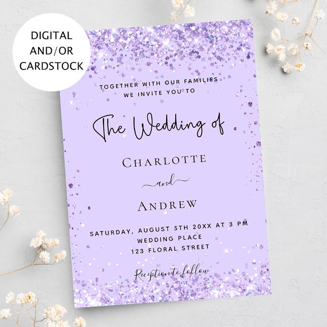 Convite de casamento em script com confetes violet (Criador carregado)