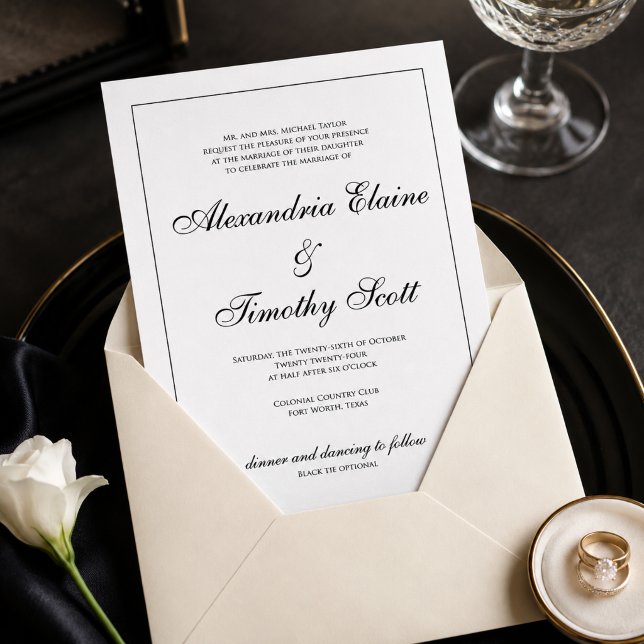 Convite de Casamento em Script Preto e Branco Clás (Criador carregado)