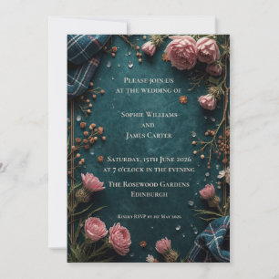 Convite de Casamento em Teal Botânico Rosa Tartan