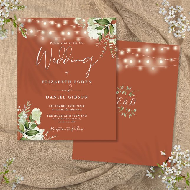 Convite de Casamento em Terracota com Luzes Florai (Budget Floral Lights Terracotta Wedding Invitation)