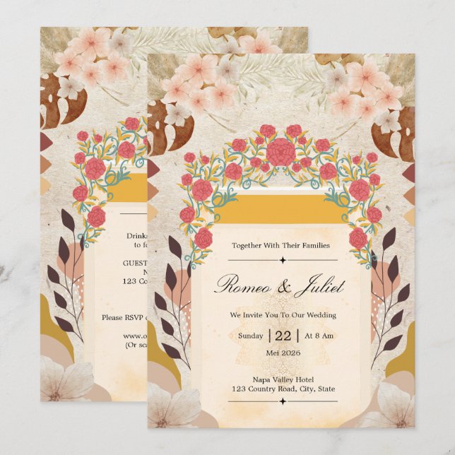 Convite de Casamento em Terracota Rústico Boho (Frente/Verso)