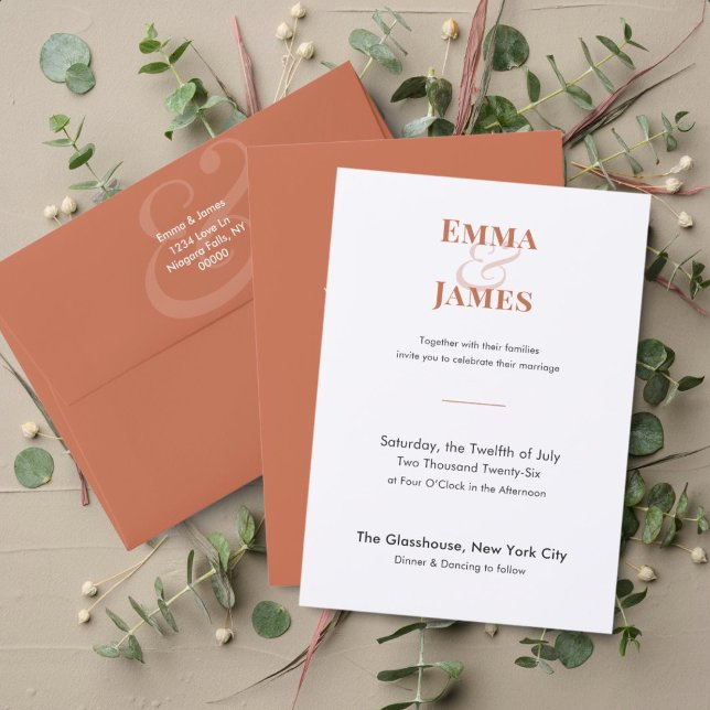Convite de Casamento em Terracota Two-Tone | Códig (Terracotta wedding invitation with modern minimalist typography and warm, elegant design.)