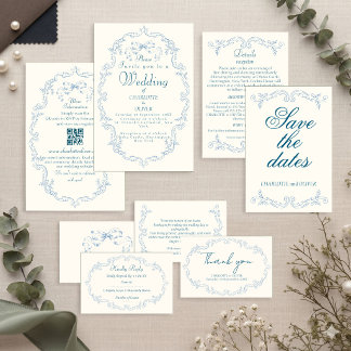 Convite de Casamento em Toile Francês Azul Empoeir