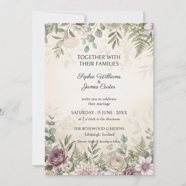 Convite de Casamento em Tons de Malva e Samambaia (Frente)