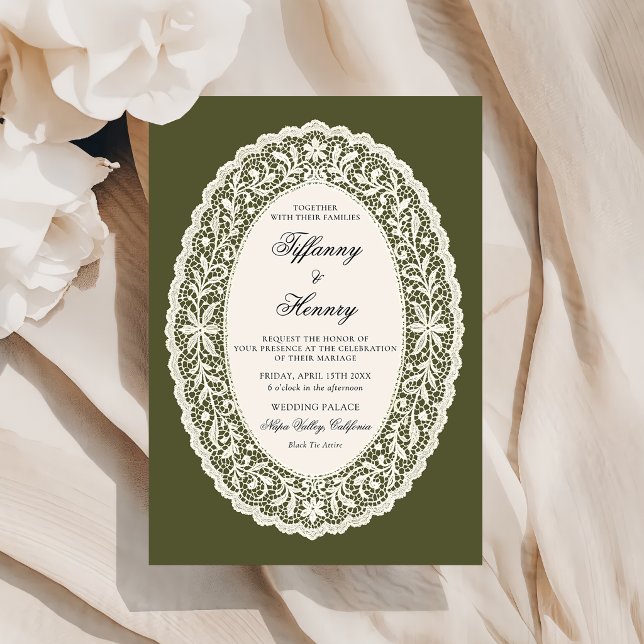Convite de Casamento em Verde Oliva com Renda (Criador carregado)