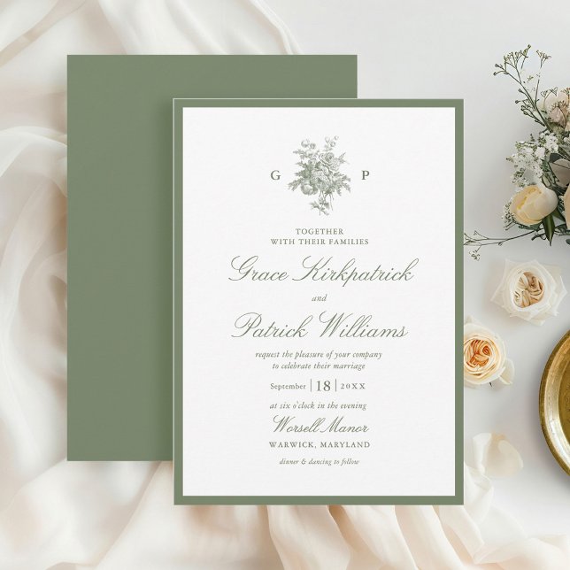 Convite de Casamento em Verde Sage Clássico com Mo (Criador carregado)
