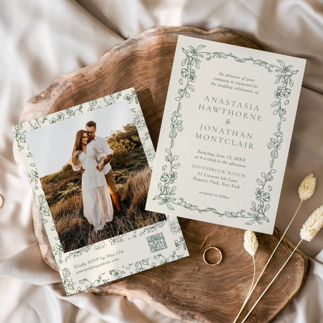 Convite de Casamento em Verde Sage com Código QR d (Criador carregado)