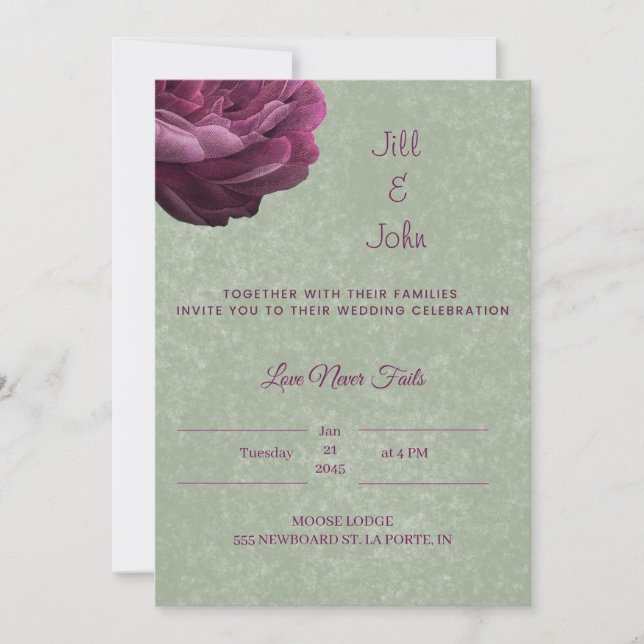 Convite de casamento em verde-sage com peônia bord (Frente)