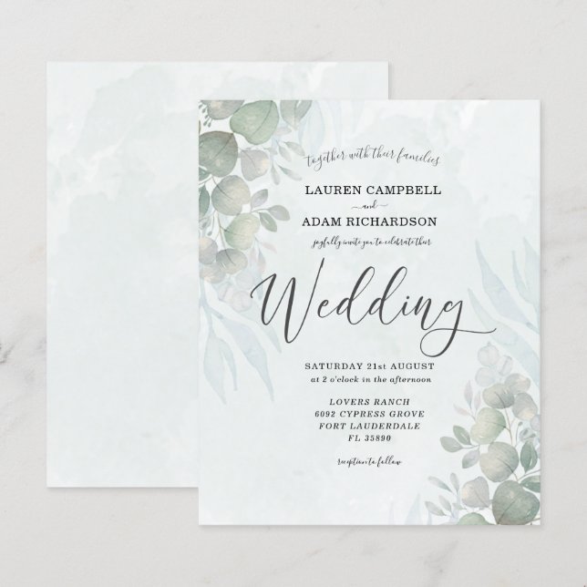 Convite de Casamento em Verde Sage Eucalipto Orçam (Frente/Verso)