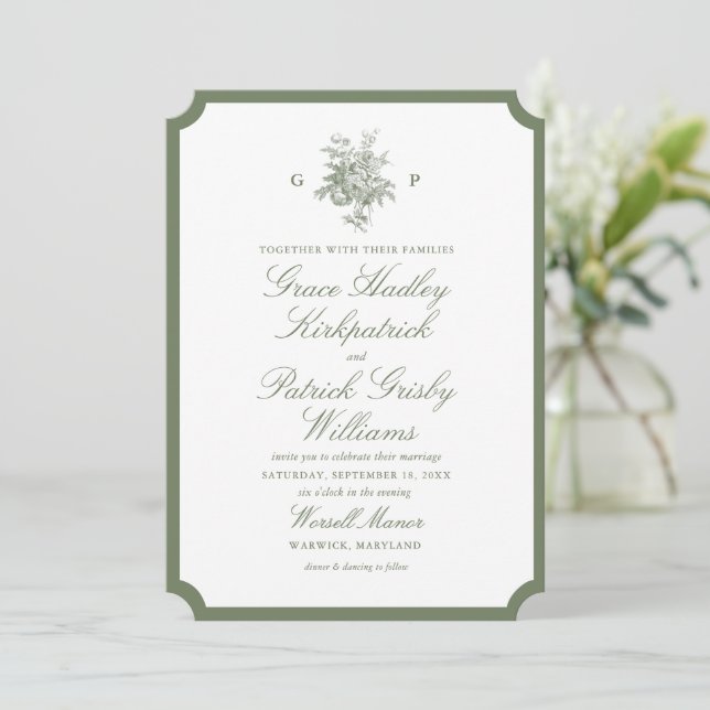 Convite de Casamento em Verde Sálvia Clássico com  (Em pé/Frente)