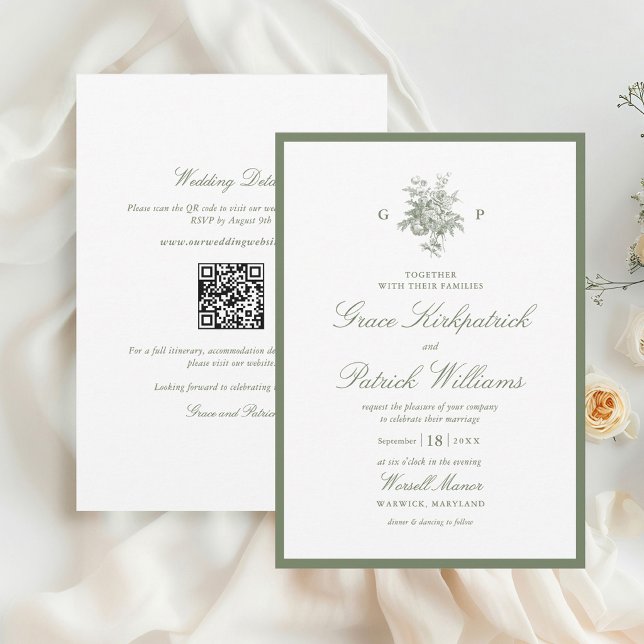 Convite de Casamento em Verde Sálvia Clássico com  (Criador carregado)