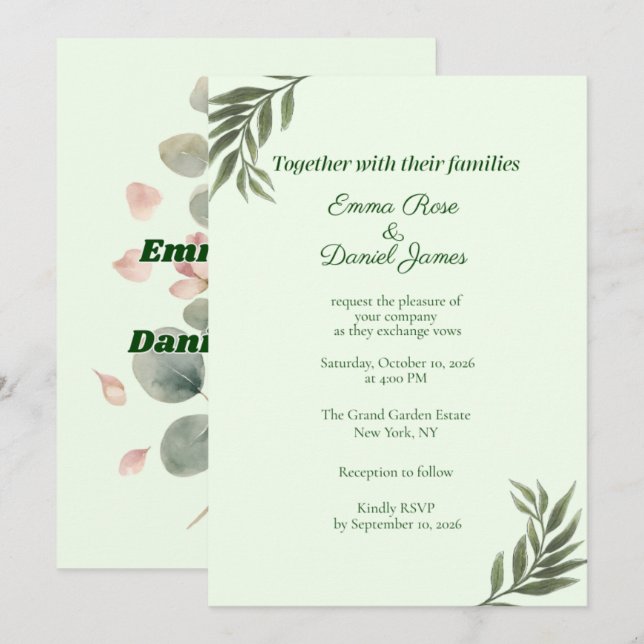 Convite de Casamento em Verde Salvia Eucalipto | B (Frente/Verso)