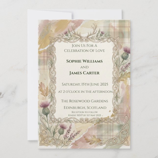 Convite de Casamento em Xadrez Cardo de Outono (Frente)