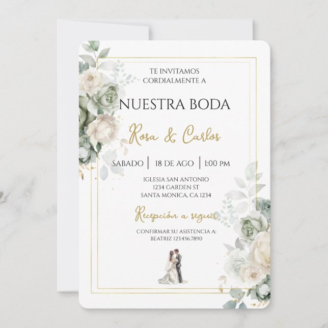 Convite de casamento Emerald sage em espanhol (Frente)