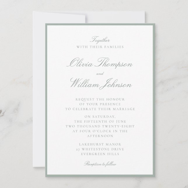 Convite de Casamento Enmarcado em Verde Sage (Frente)