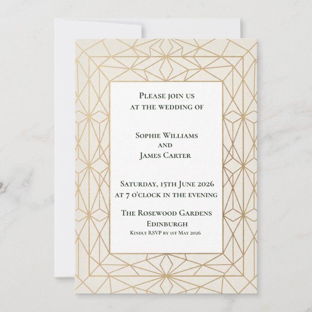 Convite de Casamento Escocês Art Deco Dourado (Frente)