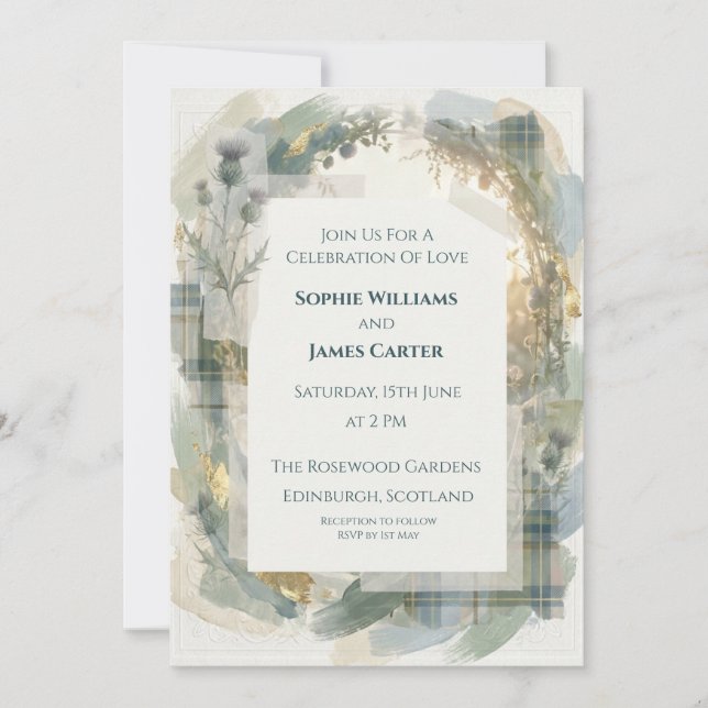 Convite de Casamento Escocês Blue Tartan Thistle (Frente)