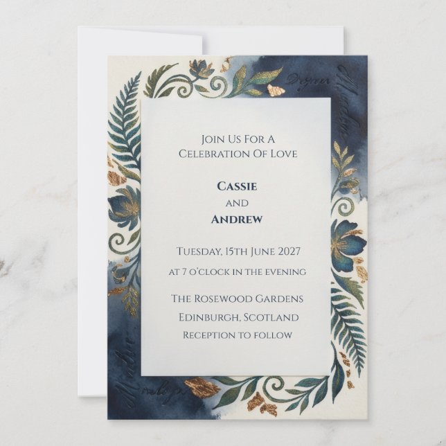 Convite de Casamento Escocês Botânico Marinho (Frente)