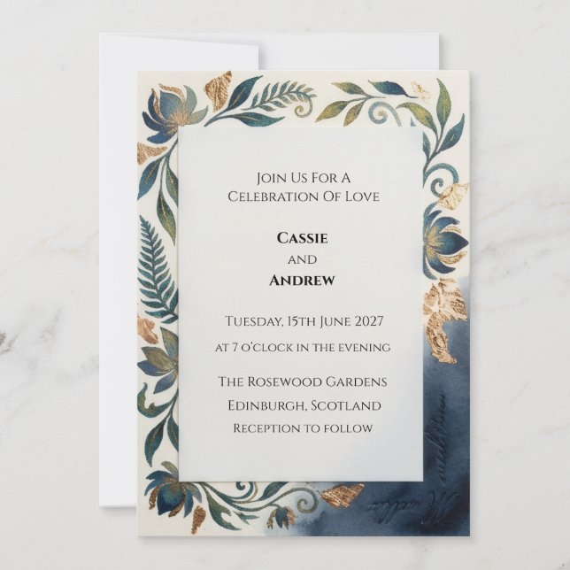 Convite de Casamento Escocês Floral Azul (Frente)