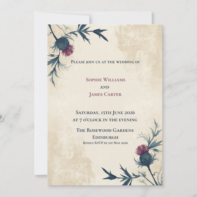 Convite de Casamento Escocês Navy Thistle Parchmen (Frente)