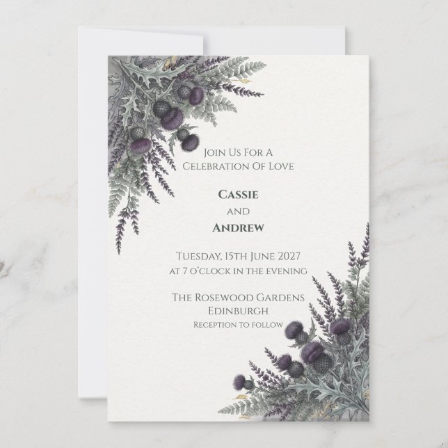 Convite de Casamento Escocês Purple Thistle (Frente)