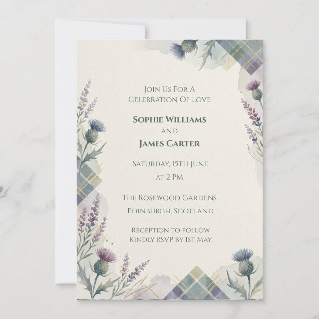 Convite de Casamento Escocês Thistle Tartan (Frente)