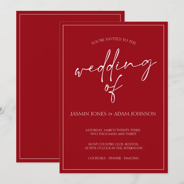 Convite de Casamento Escrito em Vermelho Carmesim  (Frente/Verso)