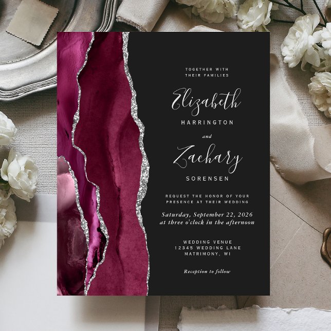 Convite de casamento Escuro de Agato de Prata da B (Criador carregado)