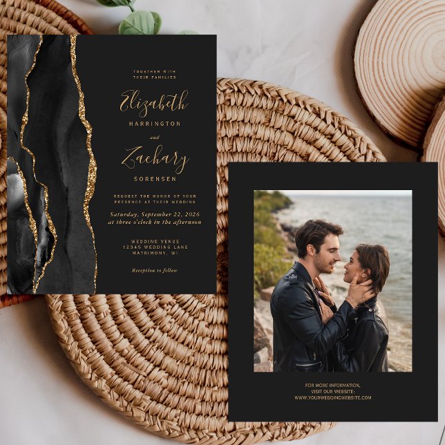 Convite de Casamento Escuro Foto Ágata Preto Doura (Criador carregado)