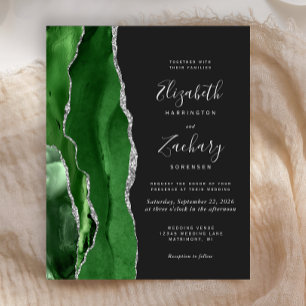 Convite de Casamento Escuro Orçamento Verde Prata 