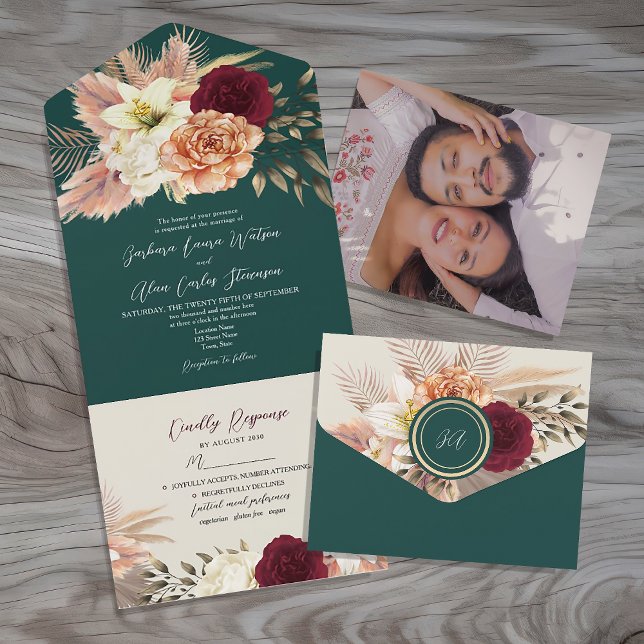Convite de Casamento Esmeralda Burgundy Rústico (Criador carregado)