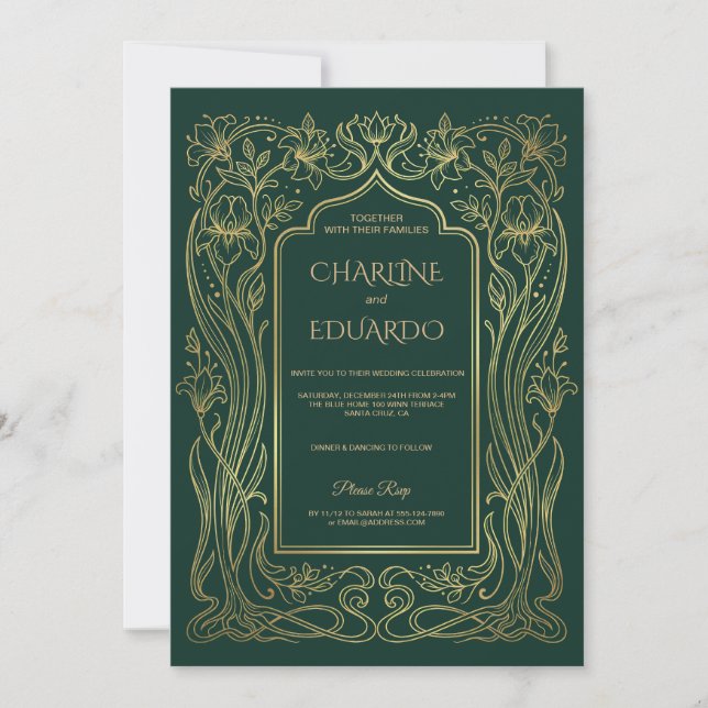Convite de Casamento Esmeralda Dourada Arte Nova M (Frente)