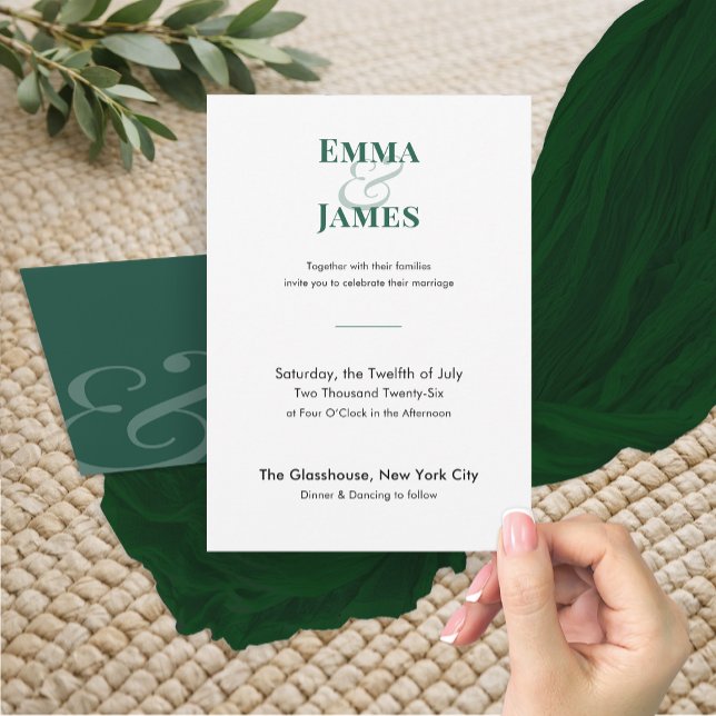 Convite de Casamento Esmeralda Minimalista | Códig (Emerald wedding invitation with minimalist typography and bold, refined modern style)