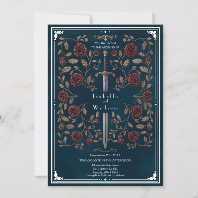 Convite de Casamento Espada de Prata Azul Real (Frente)