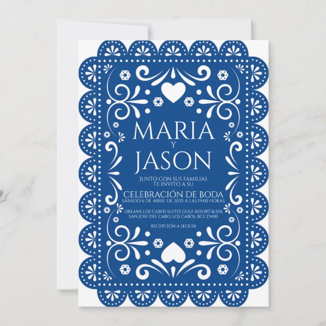 Convite de Casamento Espanhol Arte Popular Branco  (Frente)