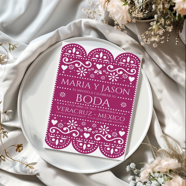 Convite de Casamento Espanhol Arte Popular Papel P (Magenta Papel Picado Folk Art Spanish Wedding Invitation)