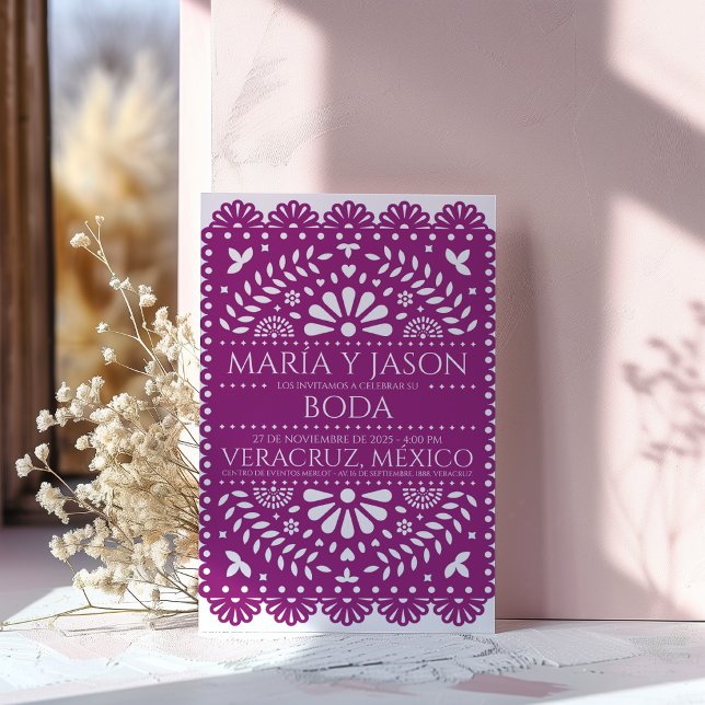 Convite de Casamento Espanhol Arte Popular Papel P (Papel Picado Magenta Folk Art Boda Spanish Wedding Invitation)