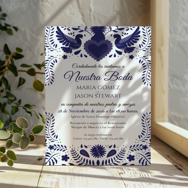 Convite de Casamento Espanhol Boda Tenangos Otomi  (Indigo Violet Otomi Tenangos Boda Spanish Wedding Invitation)
