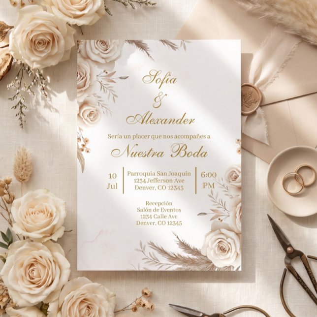Convite de Casamento Espanhol Floral Beige Boho (Criador carregado)