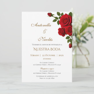 Convite de casamento espanhol floral bordô