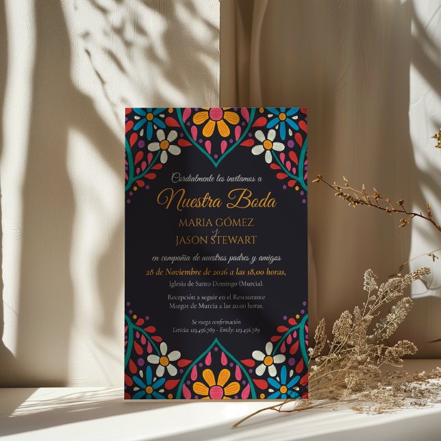 Convite de Casamento Espanhol Flores Coloridas Flo (Black Floral Colorful Flowers Boda Spanish Wedding Invitation)