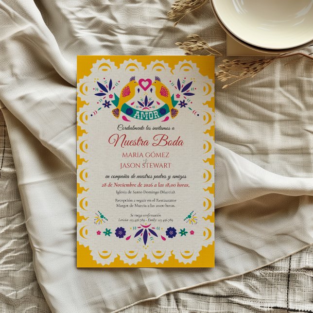 Convite de Casamento Espanhol Papel Picado Amarelo (Papel Picado Yellow Nuestra Boda Spanish Wedding Invitation)
