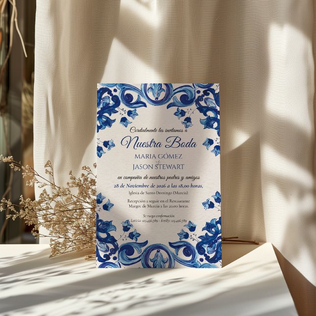 Convite de Casamento Espanhol Talavera Azul Majóli (Blue Talavera Majolica Floral Boda Spanish Wedding Invitation)